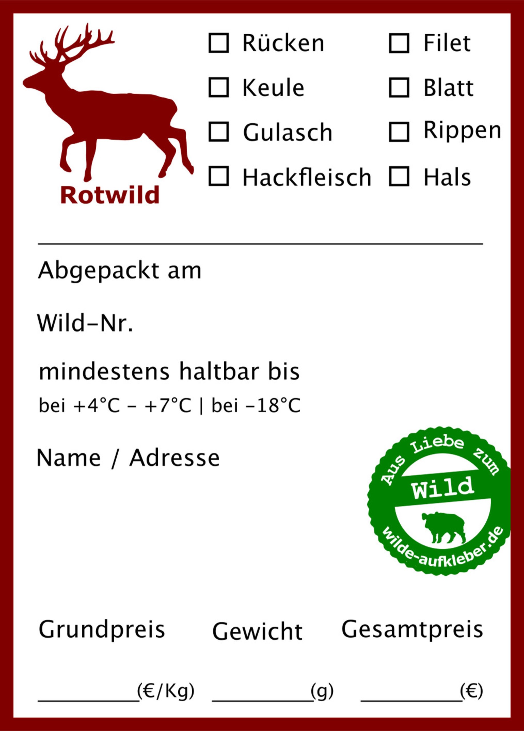 Wildbret-Gefrieretiketten Wilde Aufkleber