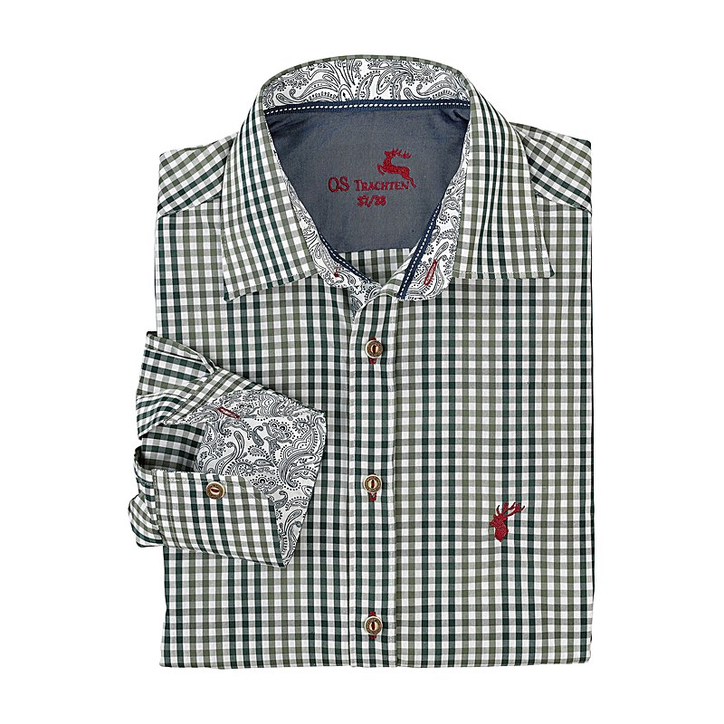 OS-Trachten Herren-Langarmhemd, Slim Fit, trachtengrün, Größe 39/40