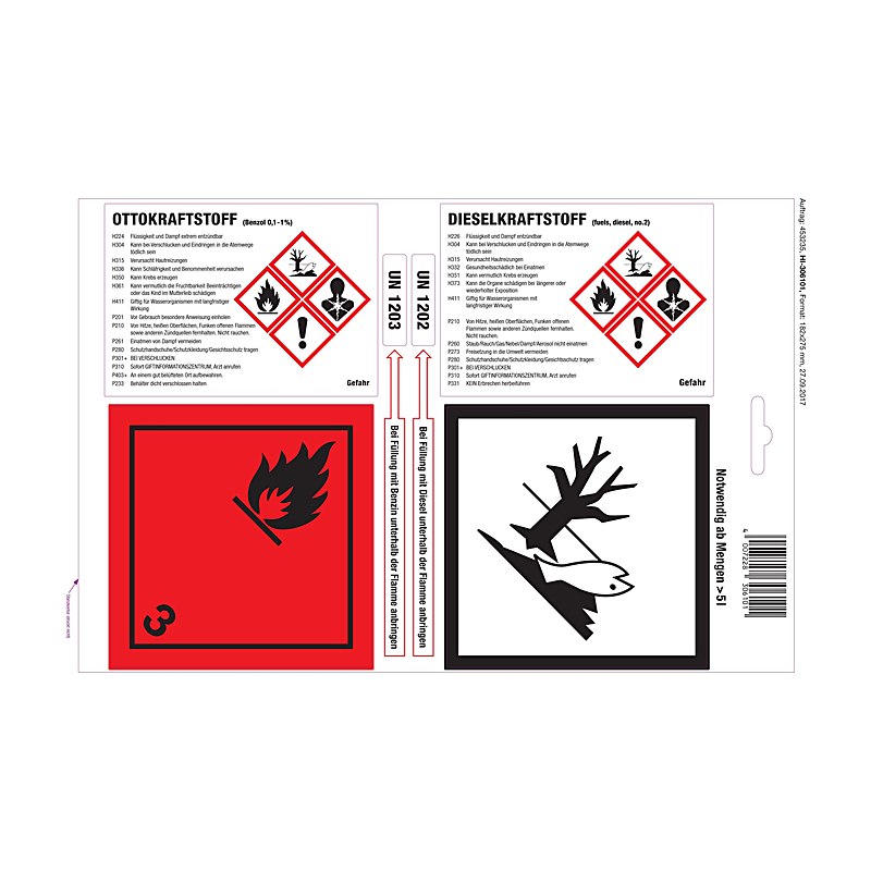 Hünersdorff Gefahrstoff-Aufkleber Ottokraftstoff & Dieselkraftstoff
