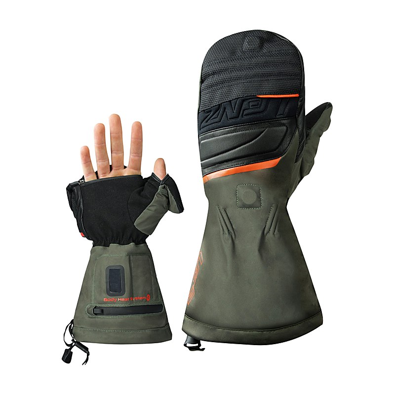 Lenz Beheizbare Handschuhe 1.0 Finger Cap Hunting Mittens, grün-orange, Größe S (7/8)
