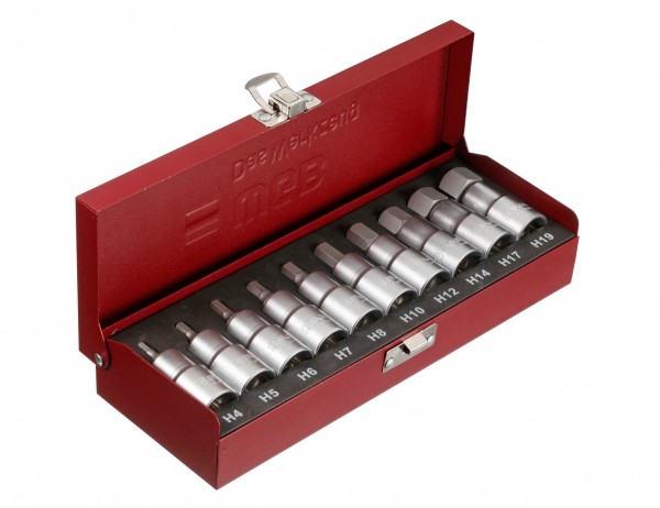 Jeu de clés à douilles WGB 10 pcs. 6 pans intérieur 1/2"|"|"| Tournevis à six pans creux : 4/5/6/7/8/10/12/14/17/19 mm en acier au chrome-vanadium. Lames en acier spécial allié. Livraison dans une boîte en métal de haute qualité. "